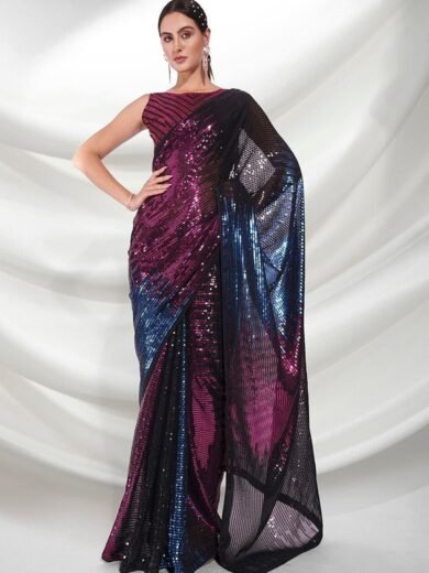 Pink Sequin Embellished Pure Georgette Saree Set