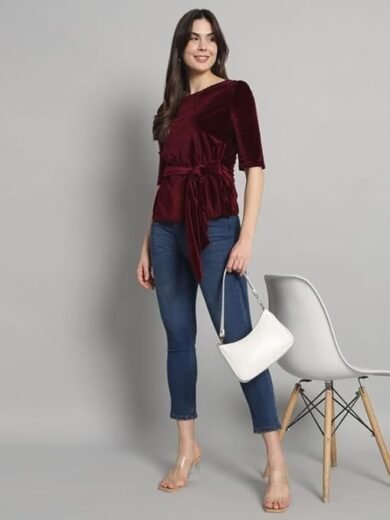 Chicava Party Top for Women with Front Tie Waistband | Shiny Velvet Half Sleeeves Stylish Outfit - Image 7