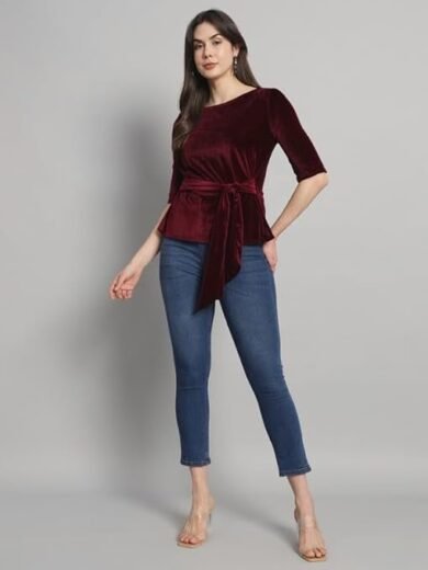 Chicava Party Top for Women with Front Tie Waistband | Shiny Velvet Half Sleeeves Stylish Outfit - Image 3
