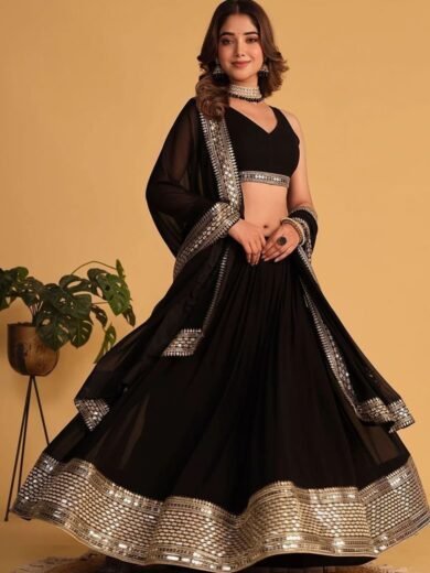 Black Sequin Embroidered Faux Blooming Lehenga Set - Image 3