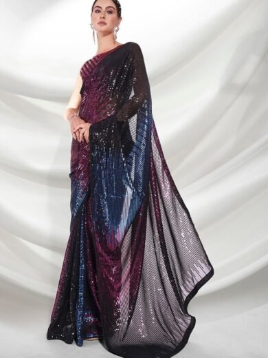 Pink Sequin Embellished Pure Georgette Saree Set - Image 4