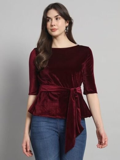 Chicava Party Top for Women with Front Tie Waistband | Shiny Velvet Half Sleeeves Stylish Outfit - Image 4