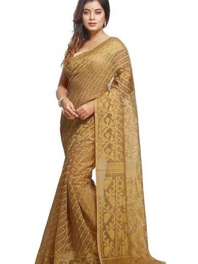 WoodenTant women’s soft cotton silk bengal dhakai jamdani saree in beige without blouse piece