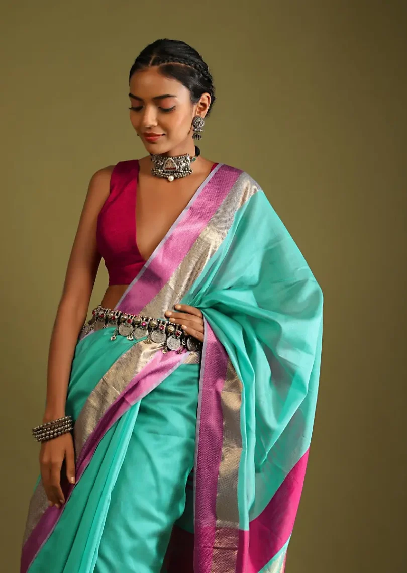 A Gquareen Saree In Tussar Silk With Gold And Pink Woven Border And Striped Pallu Design - Image 4