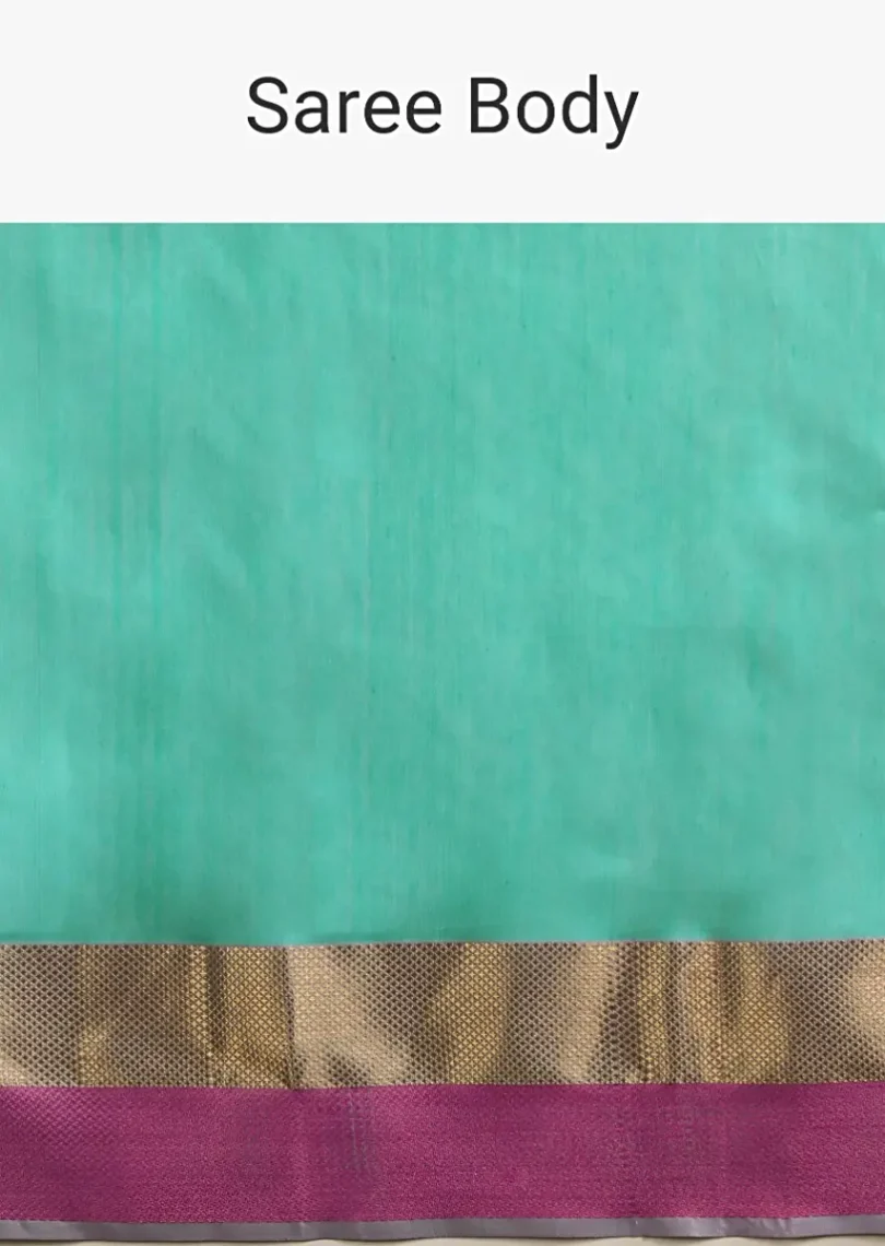 A Gquareen Saree In Tussar Silk With Gold And Pink Woven Border And Striped Pallu Design - Image 7