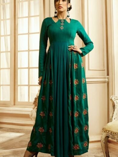 Comfortable Rayon Cotton Gown Style Kurti in Rich Dark Green Color
