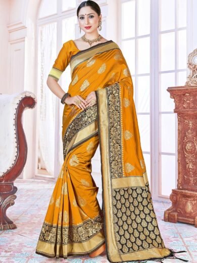 Mustard Woven Design Banarasi Art Silk Saree Set