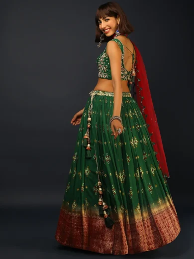 Bottle Green Lehenga In Silk With Patola Printed Buttis And Woven Maroon Border - Image 4