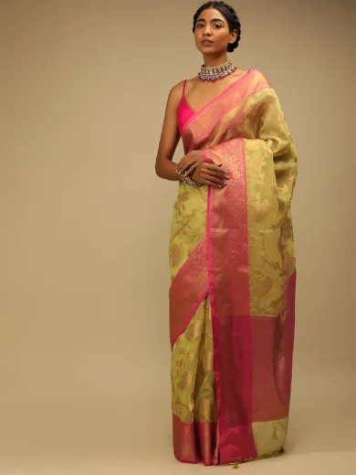 Celery Green Saree In Organza Silk With Golden Brocade Woven Floral Jaal And Magenta Border Design - Image 3