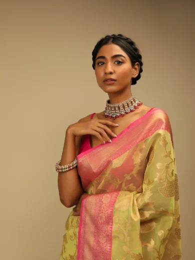 Celery Green Saree In Organza Silk With Golden Brocade Woven Floral Jaal And Magenta Border Design - Image 4