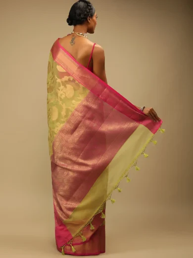 Celery Green Saree In Organza Silk With Golden Brocade Woven Floral Jaal And Magenta Border Design - Image 5