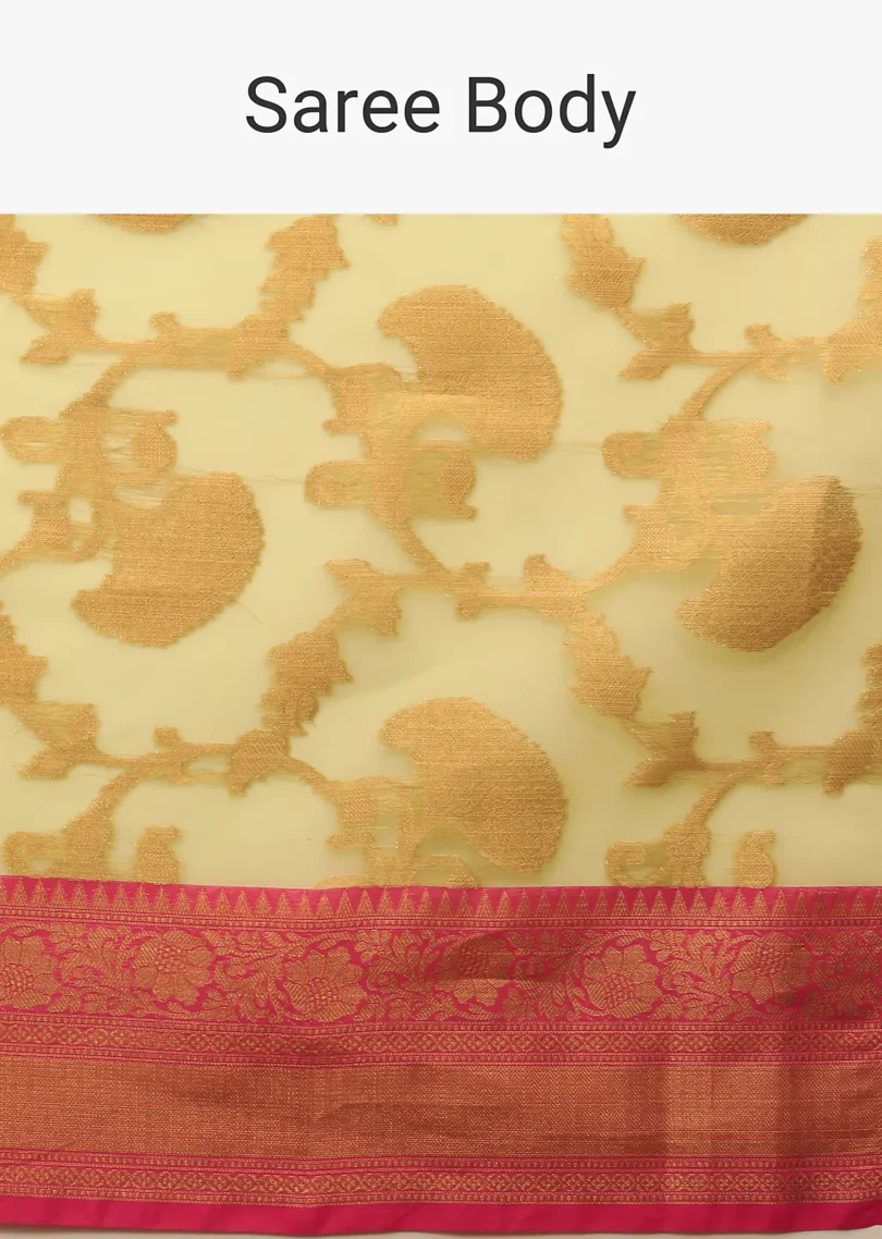 Celery Green Saree In Organza Silk With Golden Brocade Woven Floral Jaal And Magenta Border Design - Image 7