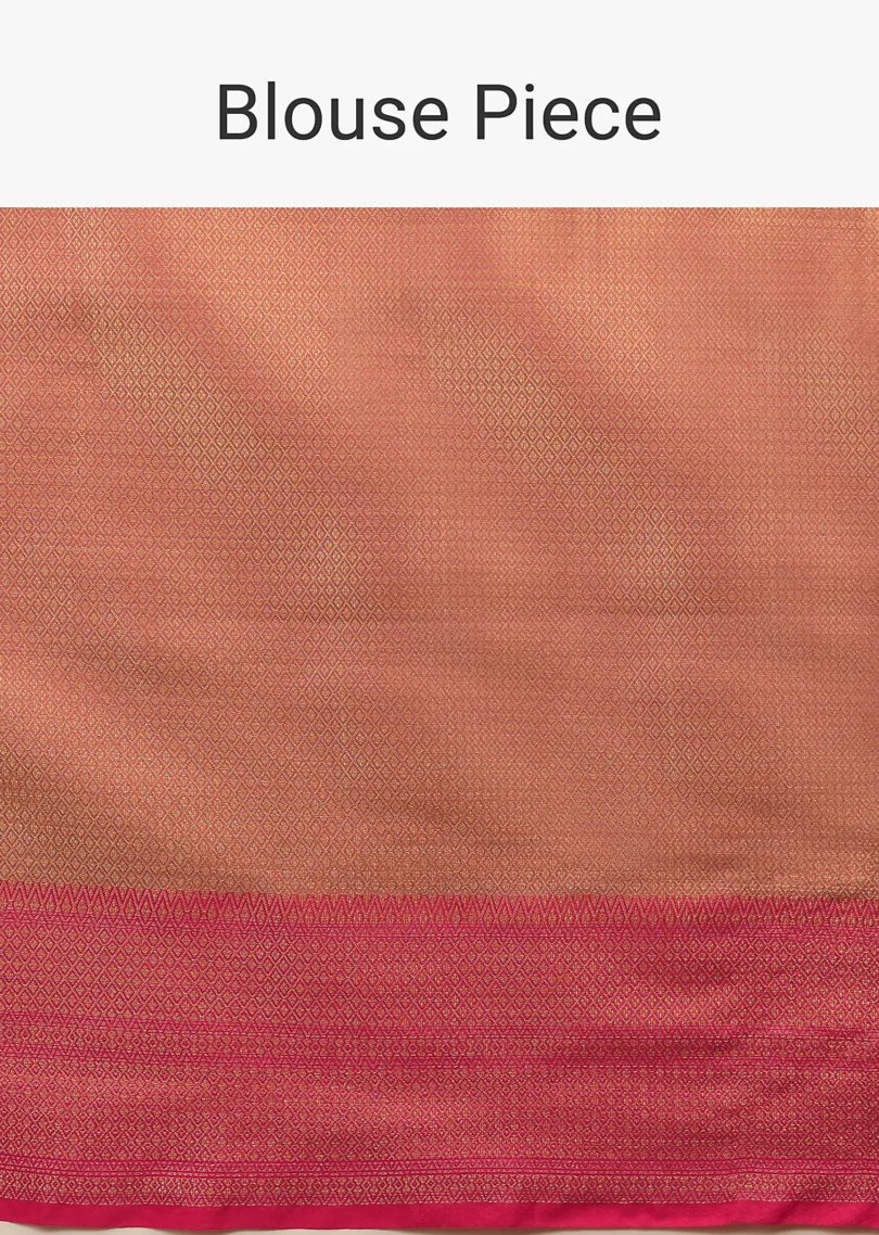 Celery Green Saree In Organza Silk With Golden Brocade Woven Floral Jaal And Magenta Border Design - Image 6