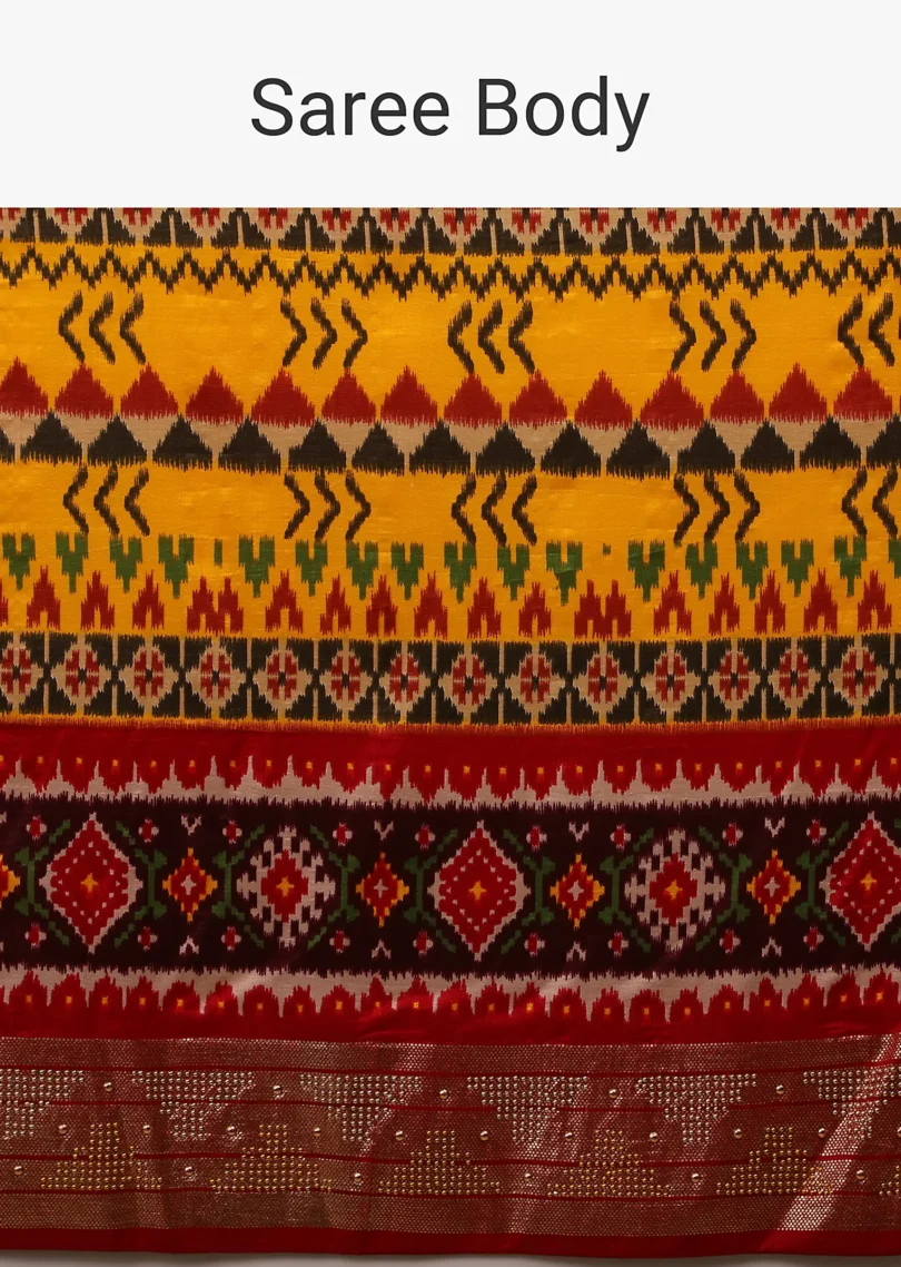 Chrome Yellow Saree In Silk With Multi Colored Patola And Foil Print And Contrasting Maroon Border - Image 6
