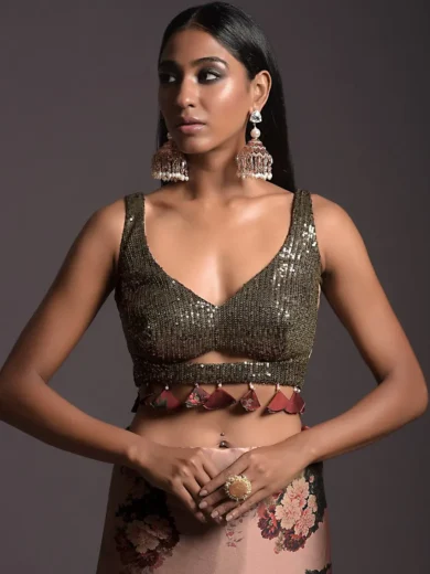 Copper Peach Saree In Satin With Floral Print And Olive Sequins Embellished Crop Top - Image 5