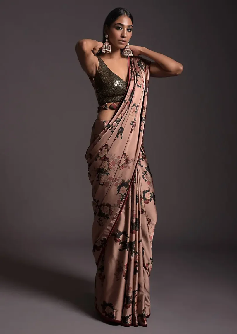 Copper Peach Saree In Satin With Floral Print And Olive Sequins Embellished Crop Top - Image 3