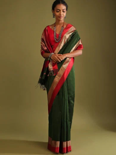 Cypress Green Saree In Tussar Silk With Gold And Red Woven Border And Striped Pallu Design