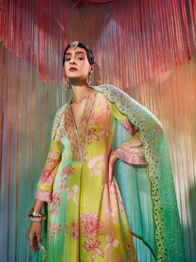 Lime Yellow Orchid Front Pleat Kurta Set - Image 3