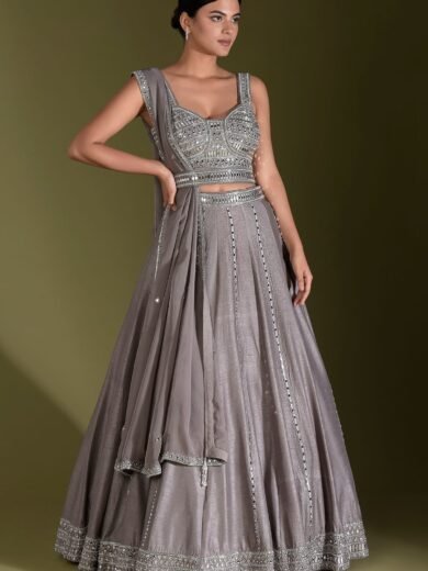 Mink Grey Mirror Embroidered Raw Silk Designer Lehenga