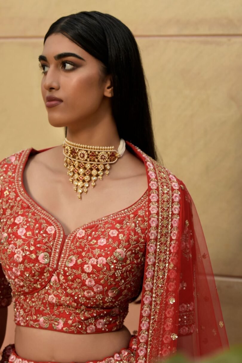 Persian Red Zari Embroidered Raw Silk Bridal Lehenga - Image 2