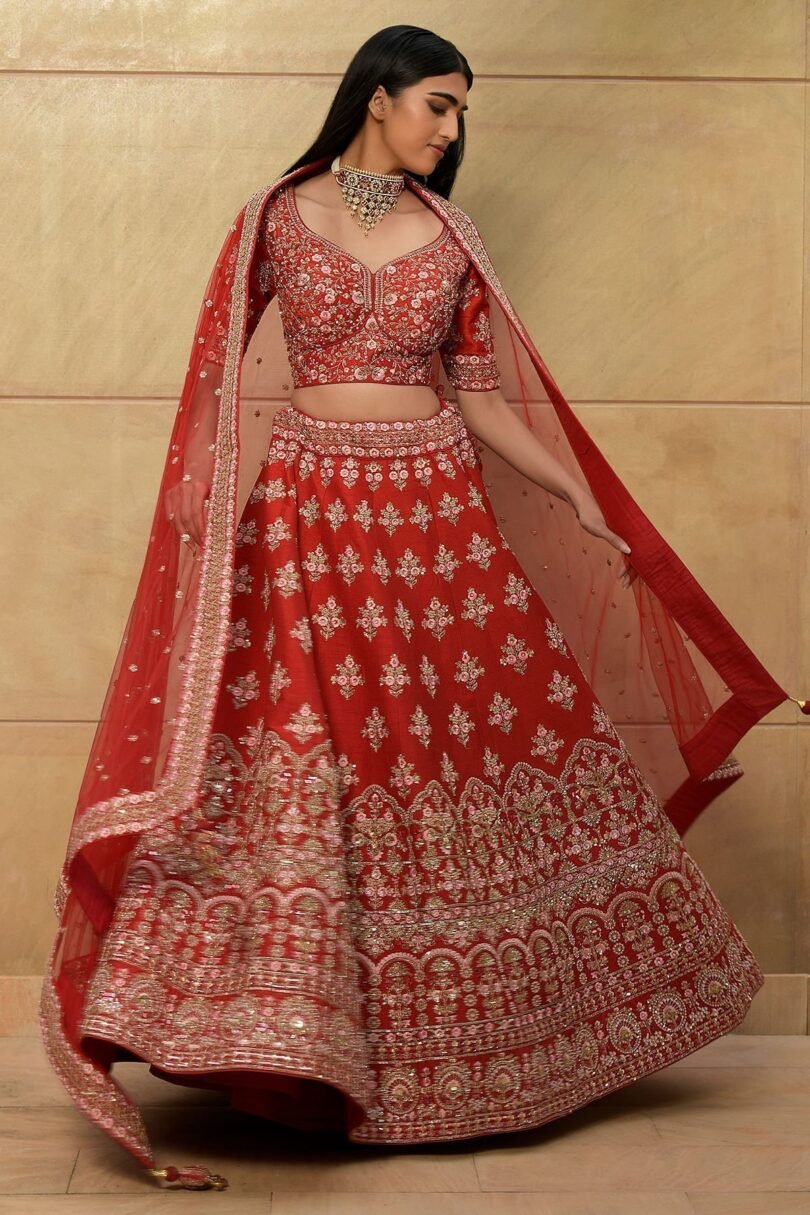 Persian Red Zari Embroidered Raw Silk Bridal Lehenga - Image 4