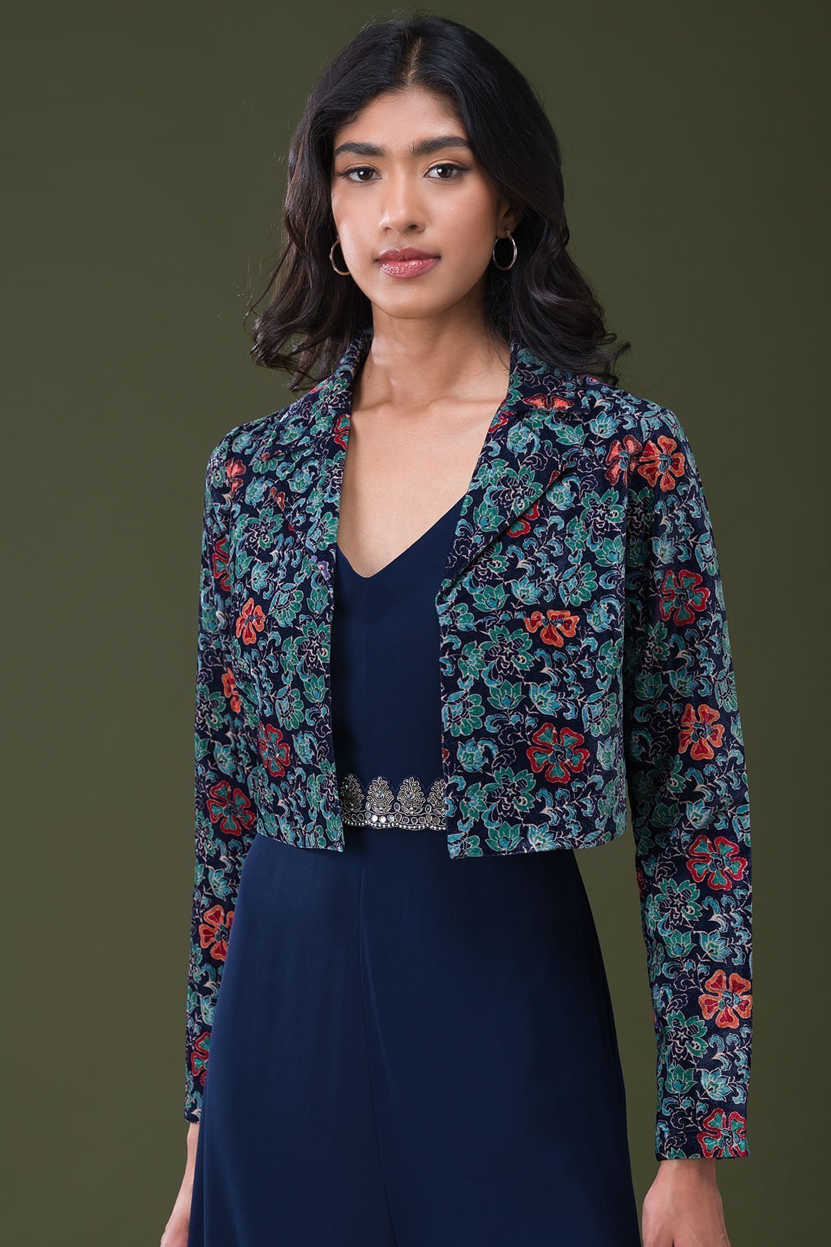 Dark Prussian Blue Abla Embroidered Georgette Jumpsuit - Image 2