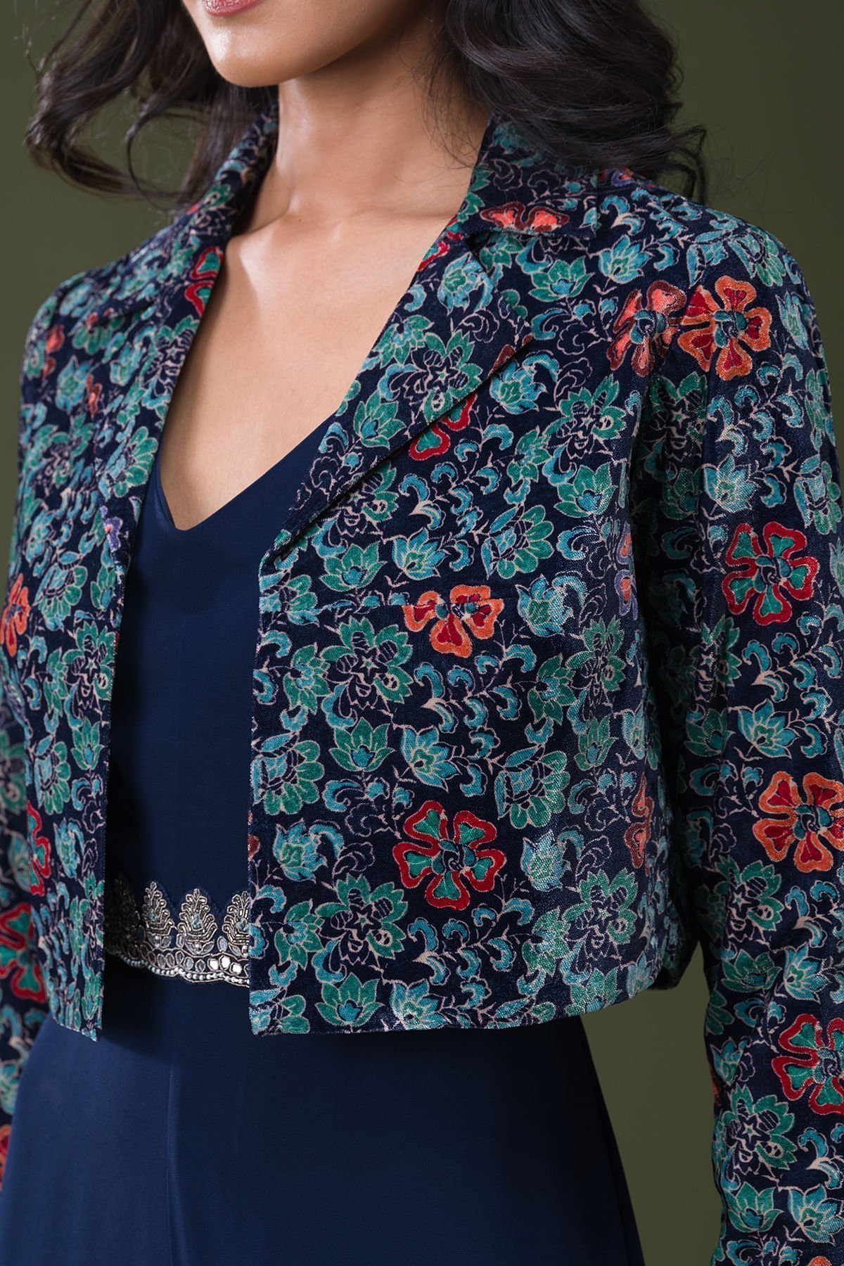 Dark Prussian Blue Abla Embroidered Georgette Jumpsuit - Image 3