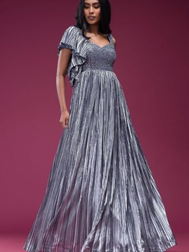 Grey Mirror Embroidered Silk Evening Gown