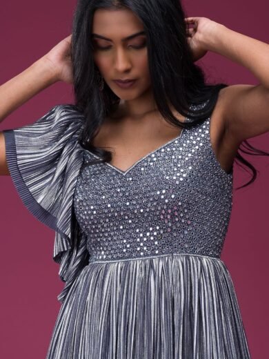 Grey Mirror Embroidered Silk Evening Gown - Image 2