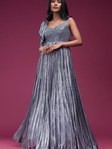 Grey Mirror Embroidered Silk Evening Gown - Image 3