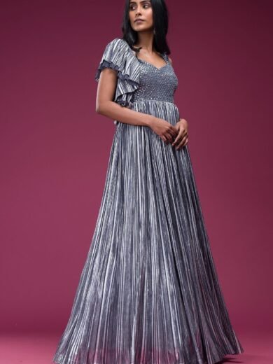 Grey Mirror Embroidered Silk Evening Gown - Image 4