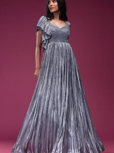 Grey Mirror Embroidered Silk Evening Gown - Image 6