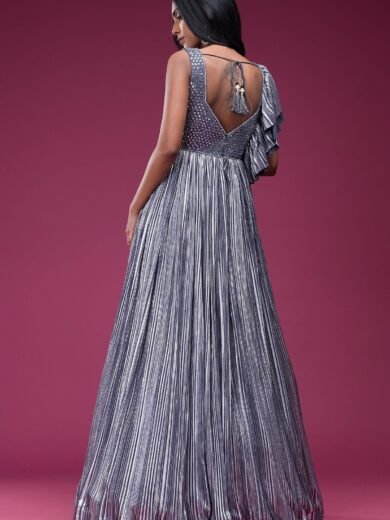 Grey Mirror Embroidered Silk Evening Gown - Image 7