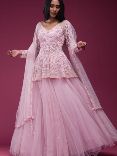 Light Pink Sequins Embroidered Net Designer Lehenga - Image 3