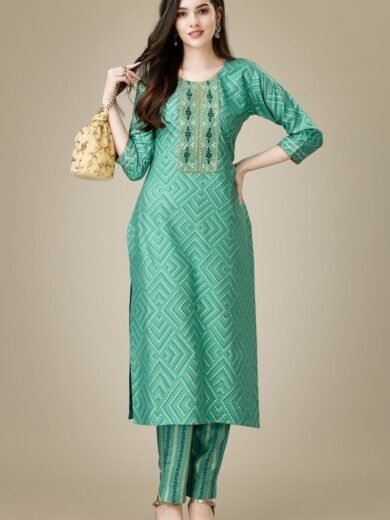 Radiant Sea Green Color Rayon Fabric Readymade Kurti With Pant