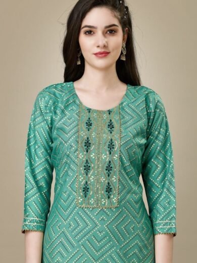 Radiant Sea Green Color Rayon Fabric Readymade Kurti With Pant - Image 2