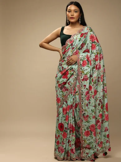 Mint Saree In Cotton Silk With Contrasting Floral Print And Gotta Embroidered Scallop Border