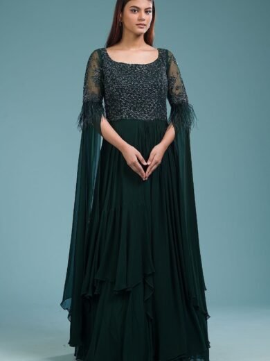 Pine Grove Green Sequins Embroidered Georgette Indowestern Gowns