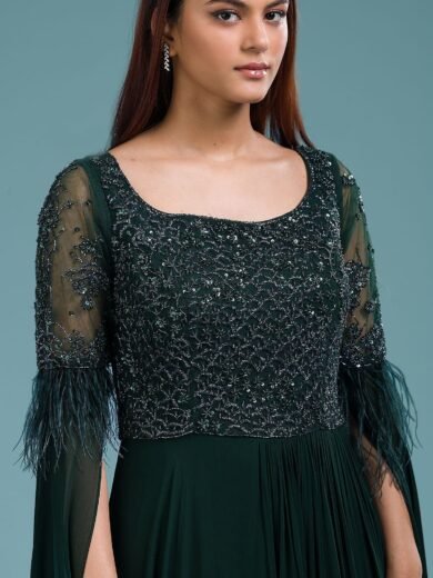 Pine Grove Green Sequins Embroidered Georgette Indowestern Gowns - Image 2
