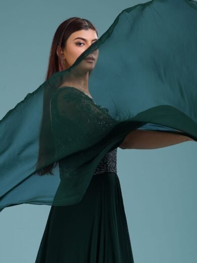 Pine Grove Green Sequins Embroidered Georgette Indowestern Gowns - Image 4