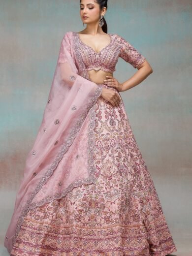 Peach Mirror Embroidered Raw Silk Bridesmaid Lehenga