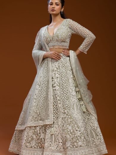 Light Grey Sequins Embroidered Net Sangeet Lehenga