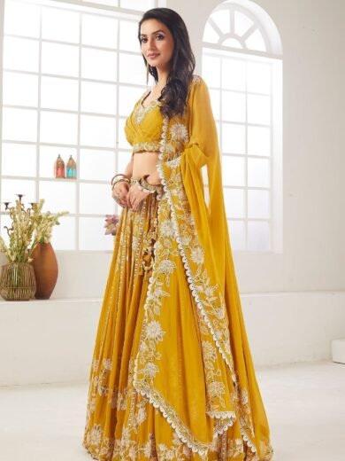 Spectra Yellow Sequins Embroidered Georgette Crop Top Lehenga - Image 3