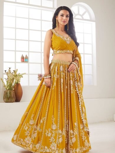 Spectra Yellow Sequins Embroidered Georgette Crop Top Lehenga - Image 4