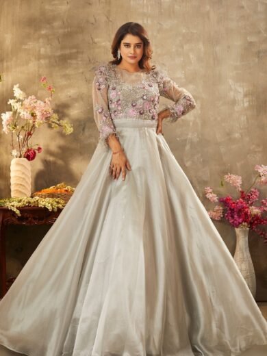Flint Grey Sequins Embroidered Shimmer Organza Cocktail Gown