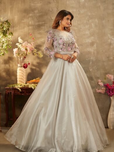 Flint Grey Sequins Embroidered Shimmer Organza Cocktail Gown - Image 5