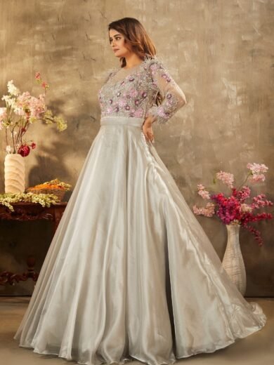 Flint Grey Sequins Embroidered Shimmer Organza Cocktail Gown - Image 4
