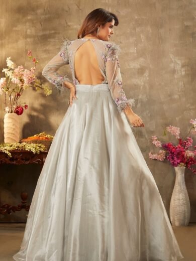 Flint Grey Sequins Embroidered Shimmer Organza Cocktail Gown - Image 6