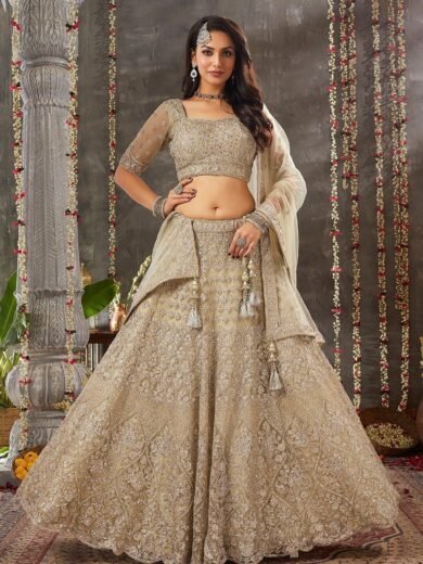 Asparagus Green Mirror Embroidered Net Bridesmaid Lehenga - Image 2