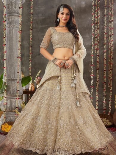 Asparagus Green Mirror Embroidered Net Bridesmaid Lehenga - Image 5
